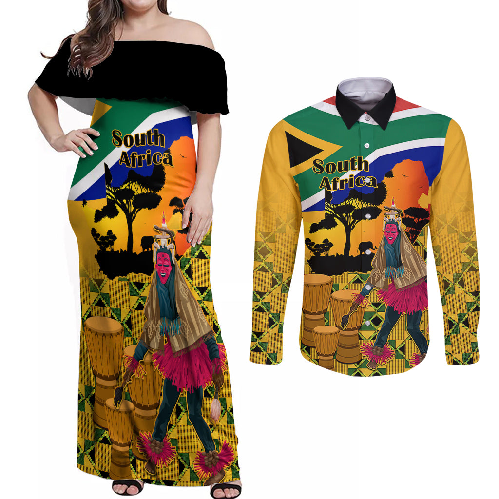 South Africa Heritage Day Couples Matching Off Shoulder Maxi Dress and Long Sleeve Button Shirts Traditional Dancer Kente Pattern With Flag Style - Wonder Print Shop