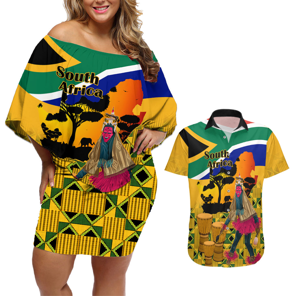 South Africa Heritage Day Couples Matching Off Shoulder Short Dress and Hawaiian Shirt Traditional Dancer Kente Pattern With Flag Style - Wonder Print Shop