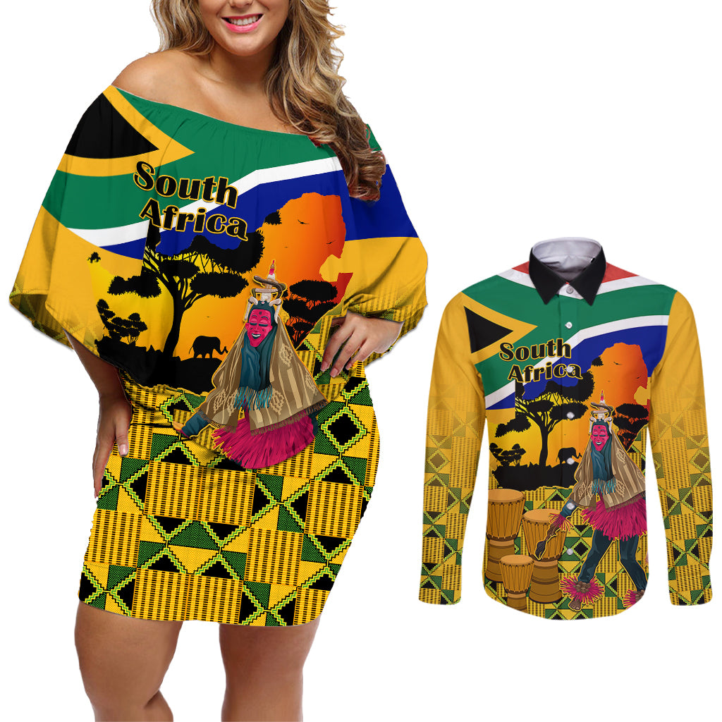 South Africa Heritage Day Couples Matching Off Shoulder Short Dress and Long Sleeve Button Shirts Traditional Dancer Kente Pattern With Flag Style - Wonder Print Shop