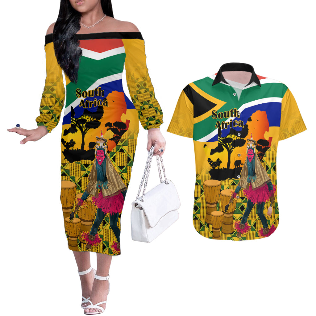 South Africa Heritage Day Couples Matching Off The Shoulder Long Sleeve Dress and Hawaiian Shirt Traditional Dancer Kente Pattern With Flag Style - Wonder Print Shop