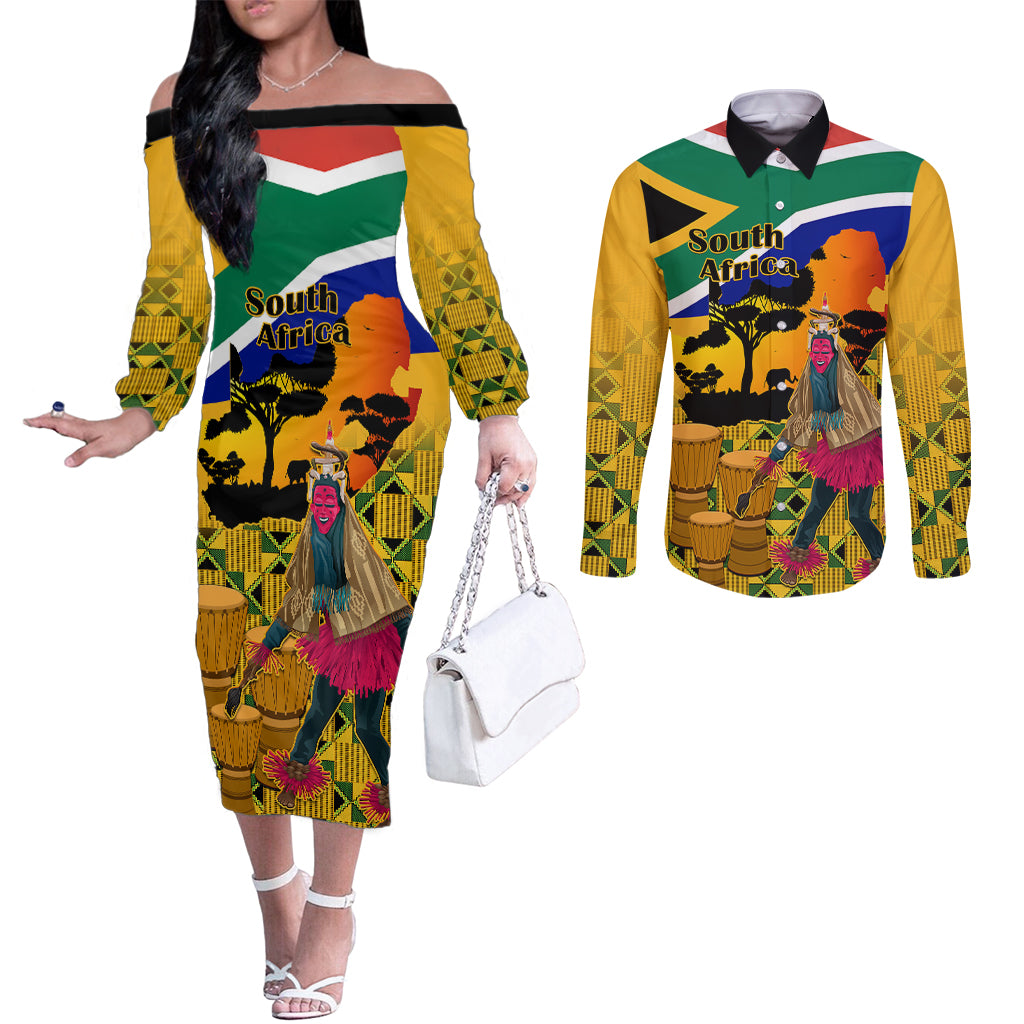 south-africa-heritage-day-couples-matching-off-the-shoulder-long-sleeve-dress-and-long-sleeve-button-shirts-traditional-dancer-kente-pattern-with-flag-style