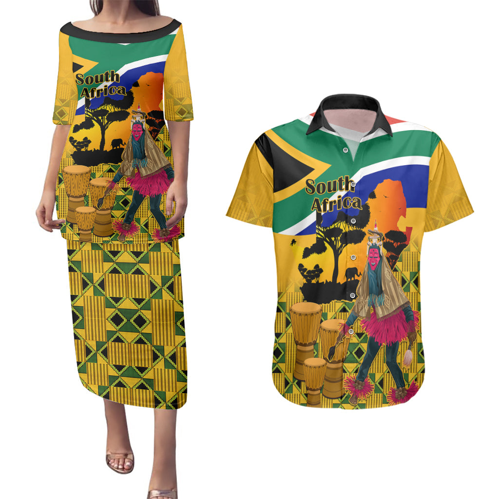 South Africa Heritage Day Couples Matching Puletasi Dress and Hawaiian Shirt Traditional Dancer Kente Pattern With Flag Style - Wonder Print Shop