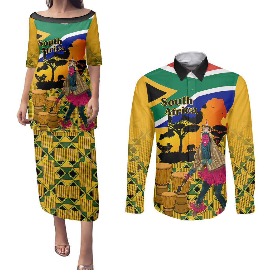 South Africa Heritage Day Couples Matching Puletasi Dress and Long Sleeve Button Shirts Traditional Dancer Kente Pattern With Flag Style - Wonder Print Shop