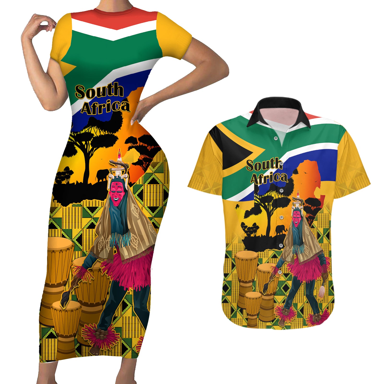 South Africa Heritage Day Couples Matching Short Sleeve Bodycon Dress and Hawaiian Shirt Traditional Dancer Kente Pattern With Flag Style - Wonder Print Shop