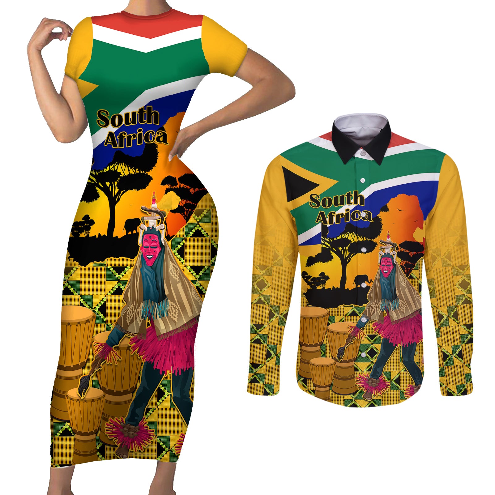 South Africa Heritage Day Couples Matching Short Sleeve Bodycon Dress and Long Sleeve Button Shirts Traditional Dancer Kente Pattern With Flag Style - Wonder Print Shop