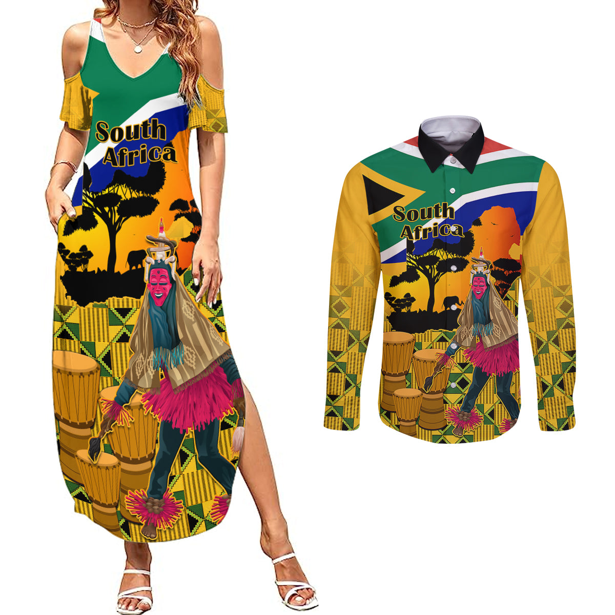 South Africa Heritage Day Couples Matching Summer Maxi Dress and Long Sleeve Button Shirts Traditional Dancer Kente Pattern With Flag Style - Wonder Print Shop