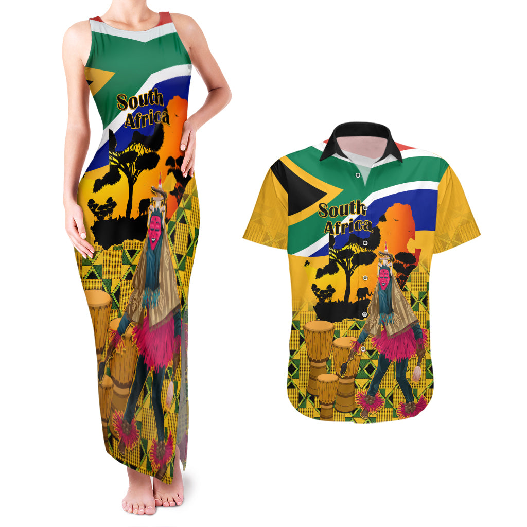 South Africa Heritage Day Couples Matching Tank Maxi Dress and Hawaiian Shirt Traditional Dancer Kente Pattern With Flag Style - Wonder Print Shop