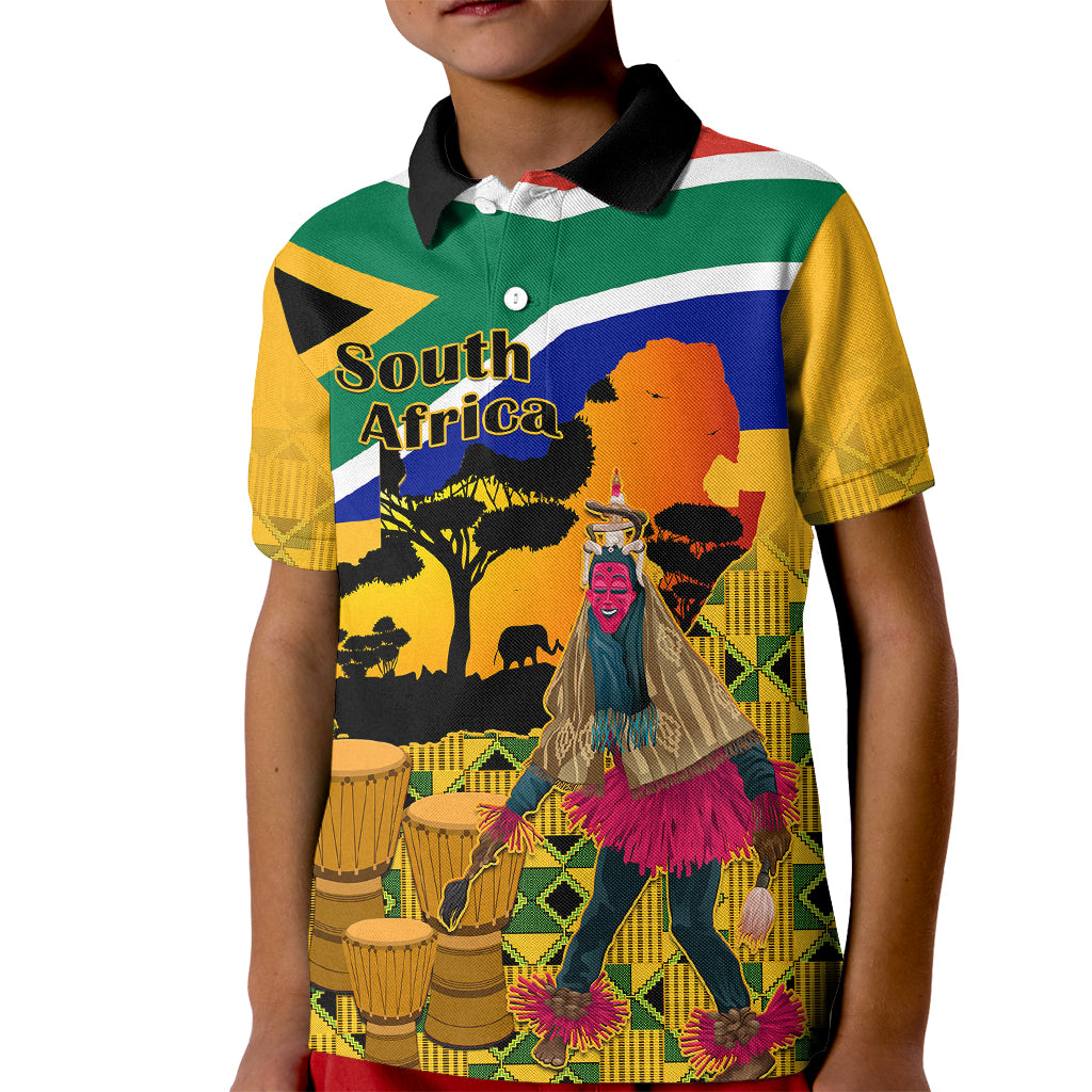 South Africa Heritage Day Kid Polo Shirt Traditional Dancer Kente Pattern With Flag Style - Wonder Print Shop