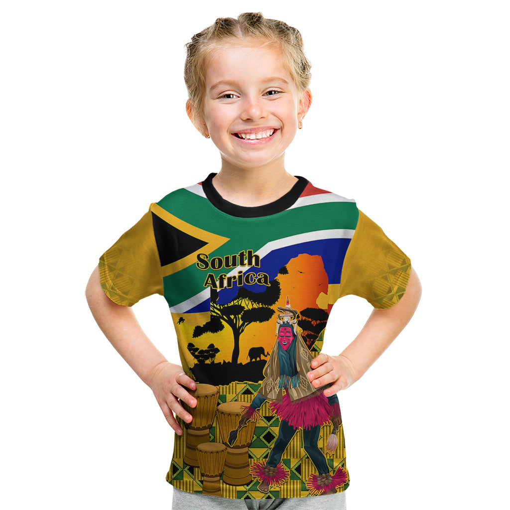 South Africa Heritage Day Kid T Shirt Traditional Dancer Kente Pattern With Flag Style - Wonder Print Shop