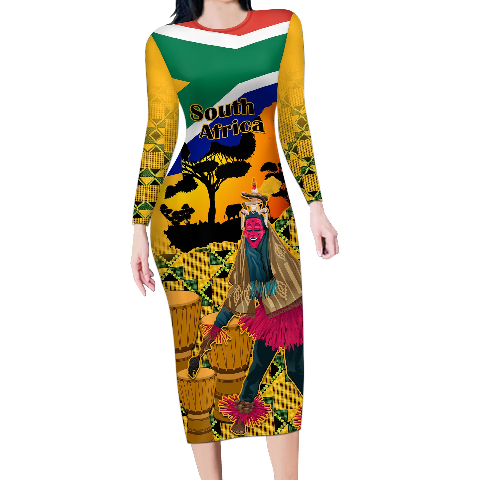 South Africa Heritage Day Long Sleeve Bodycon Dress Traditional Dancer Kente Pattern With Flag Style - Wonder Print Shop