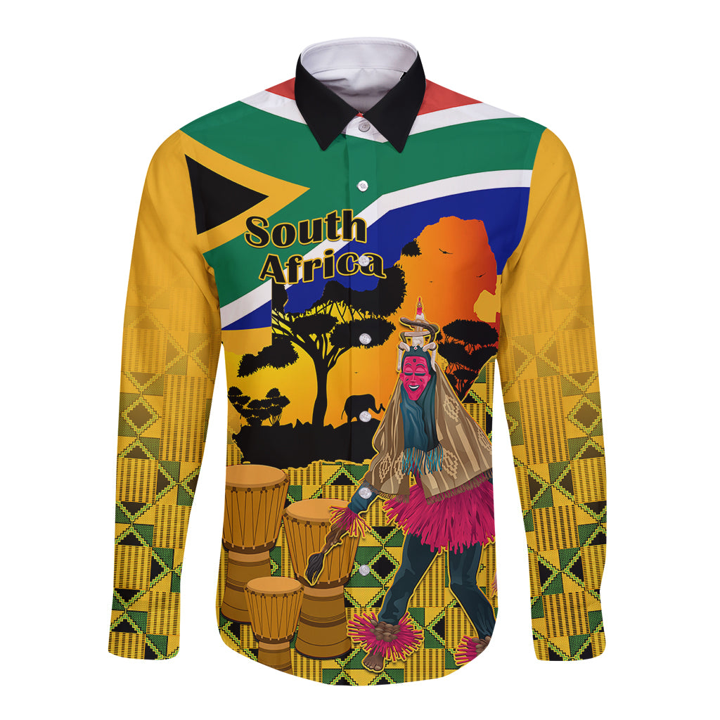 Yellow long-sleeve button shirt with kente-style sleeves and front South Africa dancer print