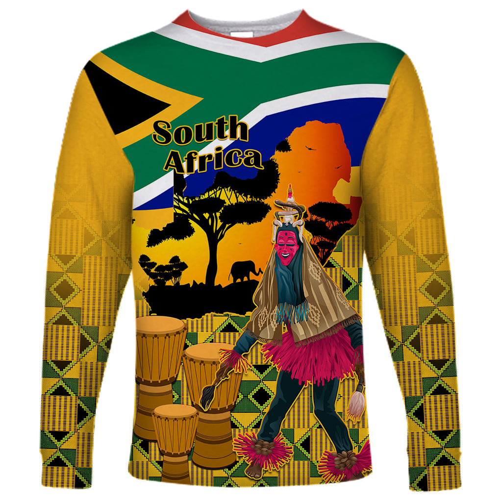 South Africa Heritage Day Long Sleeve Shirt Traditional Dancer Kente Pattern With Flag Style - Wonder Print Shop