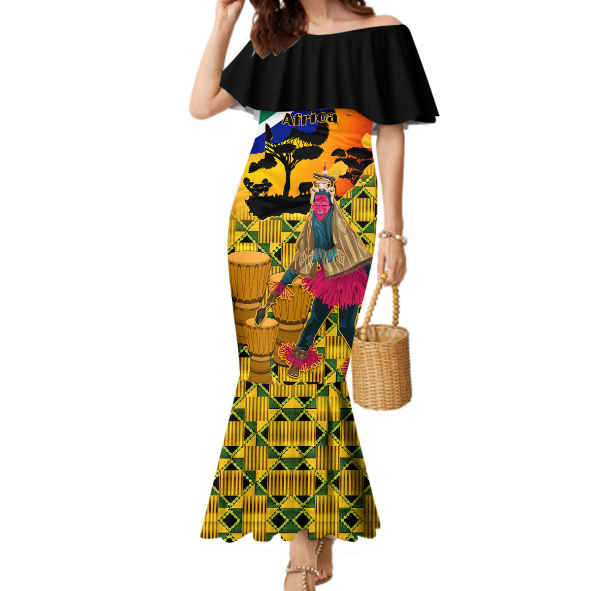 South Africa Heritage Day Mermaid Dress Traditional Dancer Kente Pattern With Flag Style - Wonder Print Shop