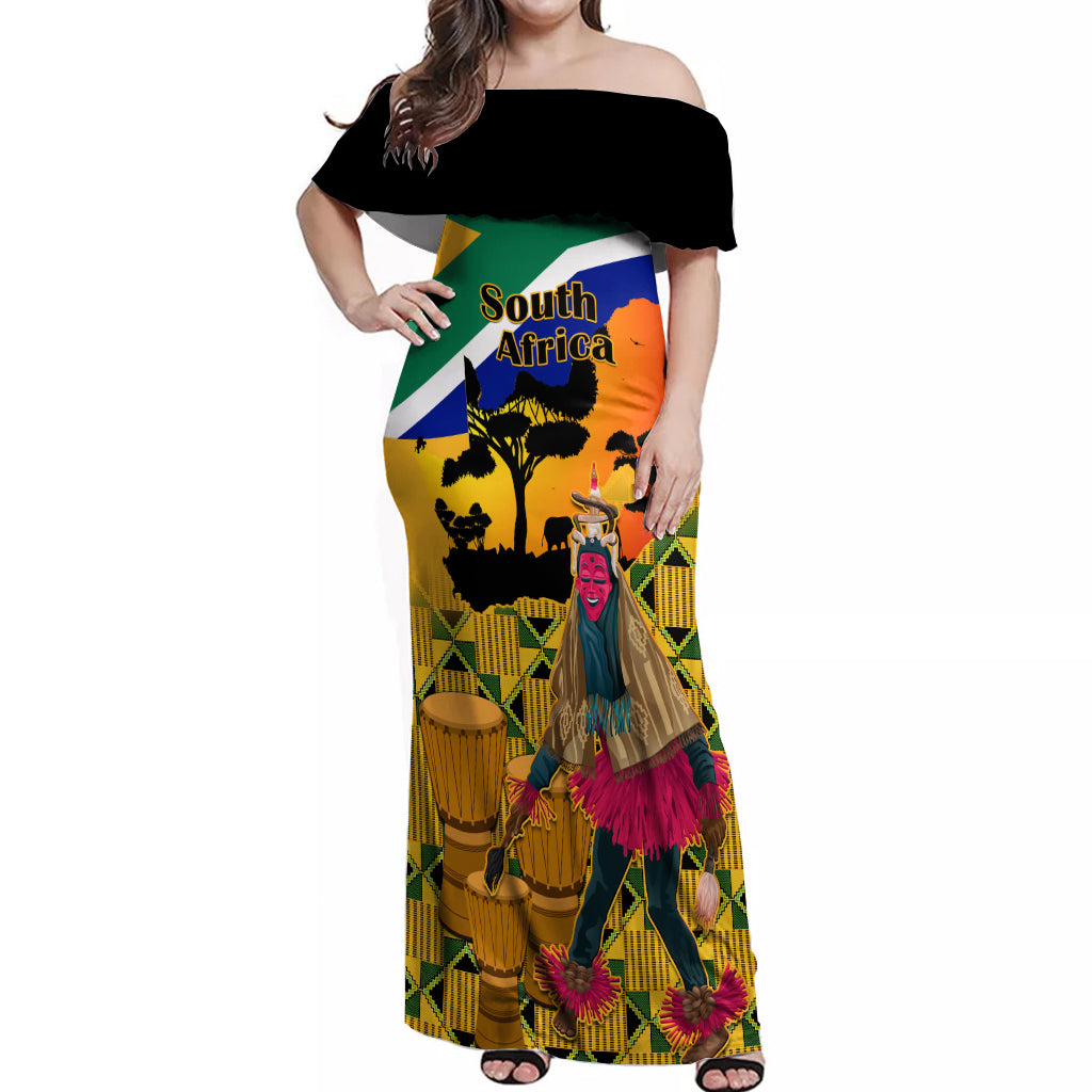 South Africa Heritage Day Off Shoulder Maxi Dress Traditional Dancer Kente Pattern With Flag Style - Wonder Print Shop