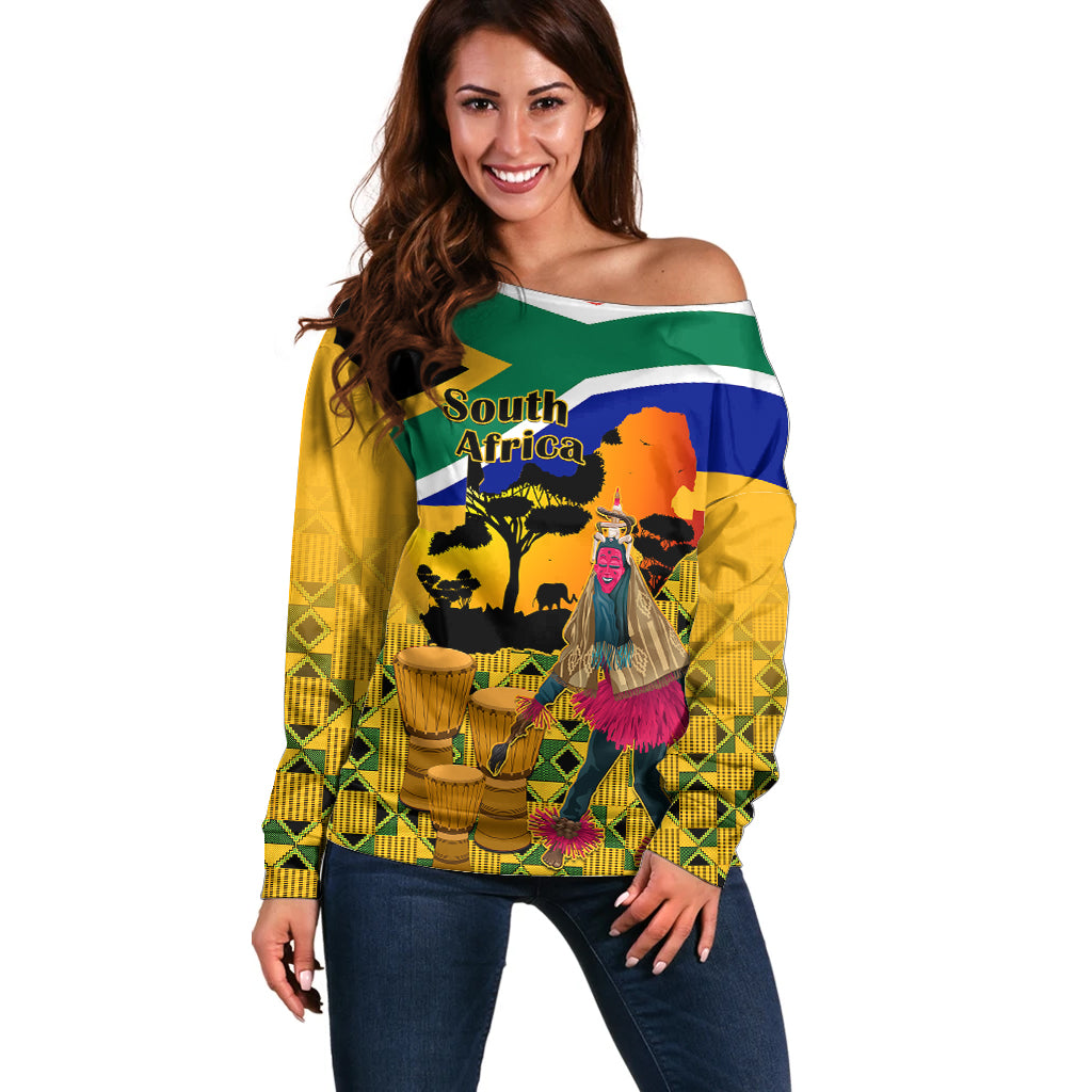 South Africa Heritage Day Off Shoulder Sweater Traditional Dancer Kente Pattern With Flag Style - Wonder Print Shop