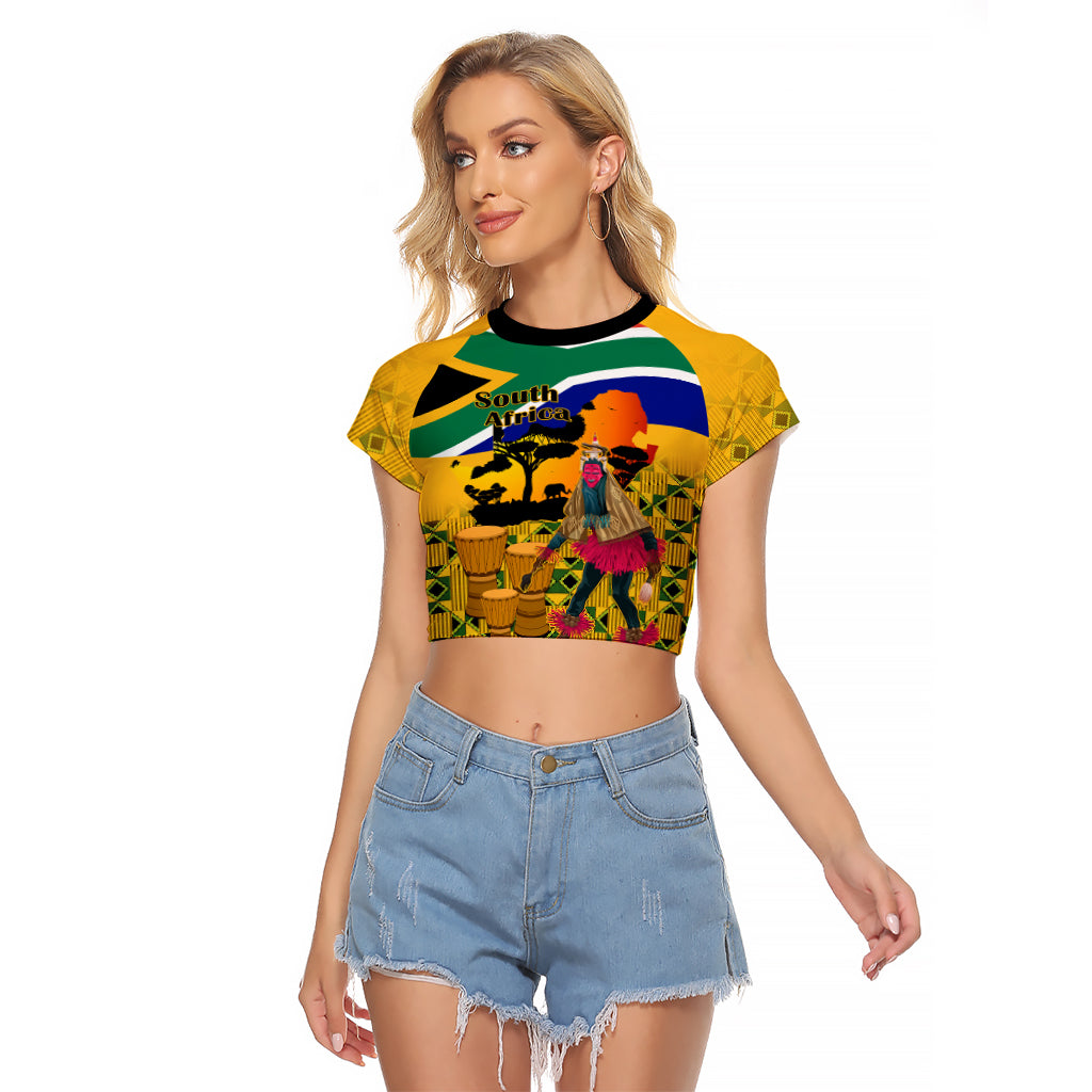 South Africa Heritage Day Raglan Cropped T Shirt Traditional Dancer Kente Pattern With Flag Style - Wonder Print Shop