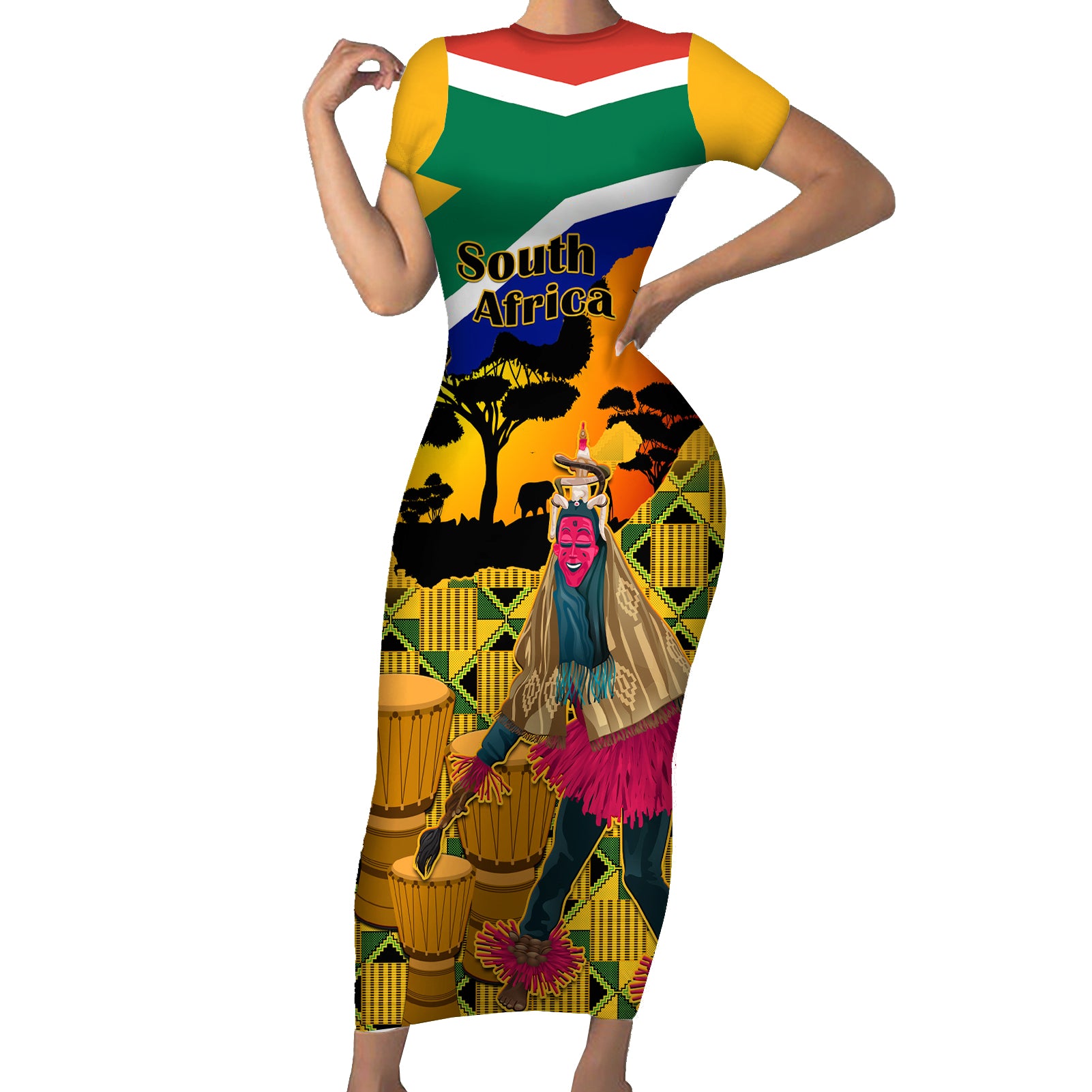 south-africa-heritage-day-short-sleeve-bodycon-dress-traditional-dancer-kente-pattern-with-flag-style