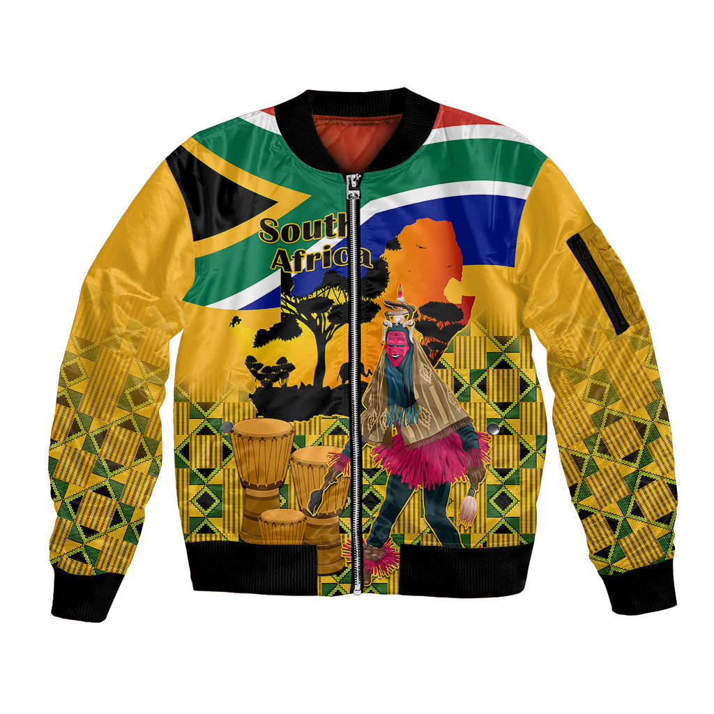 South Africa Heritage Day Sleeve Zip Bomber Jacket Traditional Dancer Kente Pattern With Flag Style - Wonder Print Shop