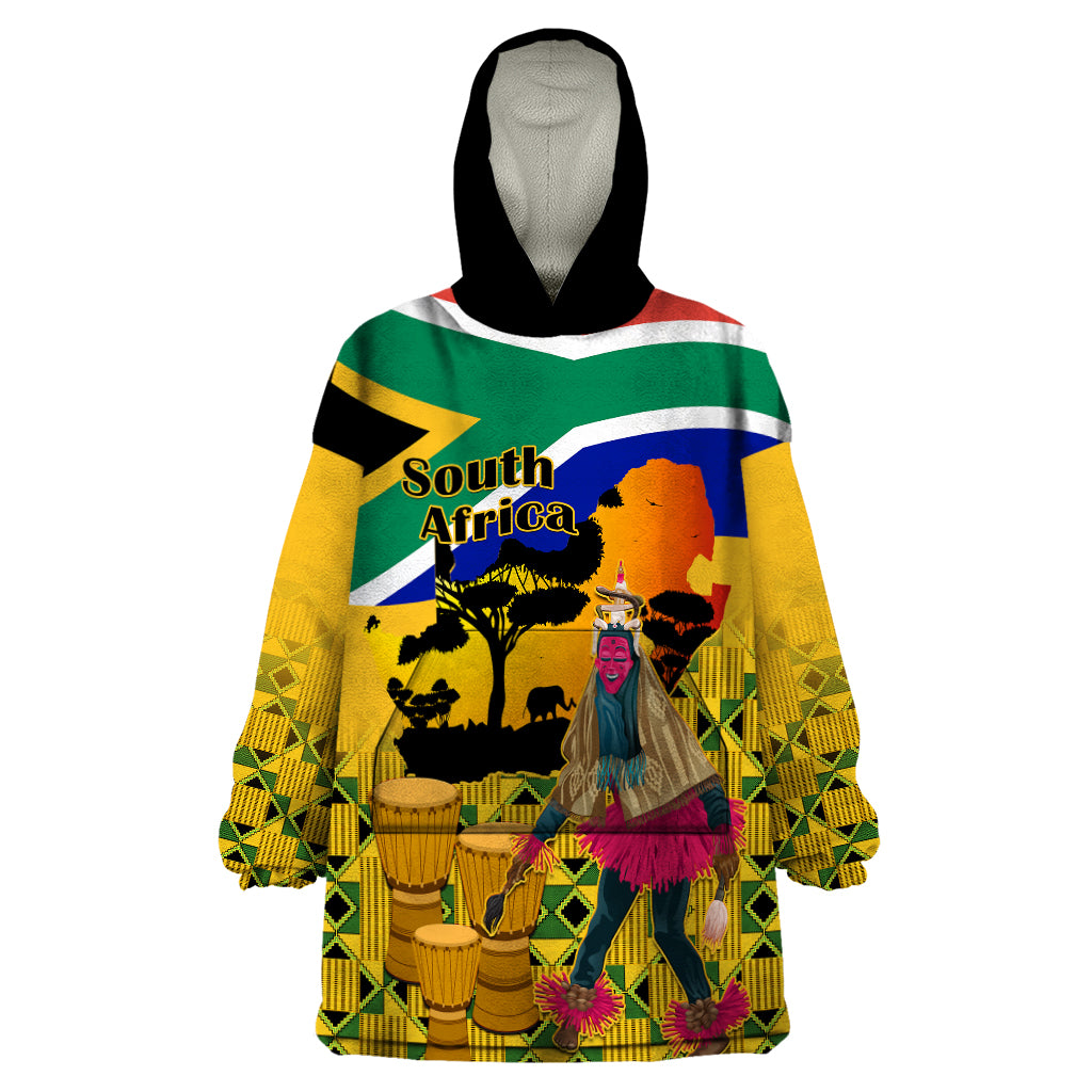 South Africa Heritage Day Wearable Blanket Hoodie Traditional Dancer Kente Pattern With Flag Style - Wonder Print Shop