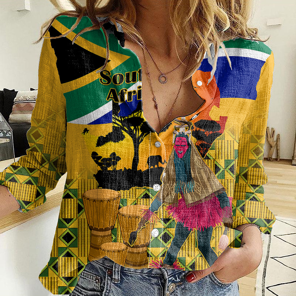 south-africa-heritage-day-women-casual-shirt-traditional-dancer-kente-pattern-with-flag-style