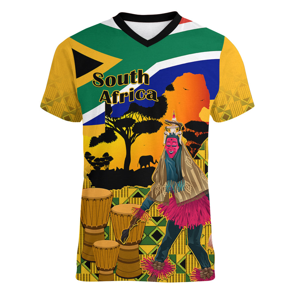 South Africa Heritage Day Women V Neck T Shirt Traditional Dancer Kente Pattern With Flag Style - Wonder Print Shop