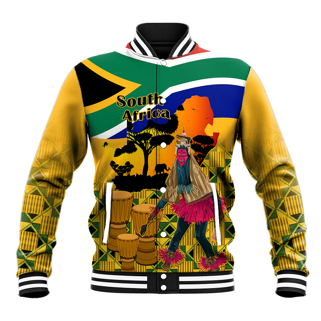 South Africa heritage baseball jacket with kente pattern and flag-style graphic, front zip