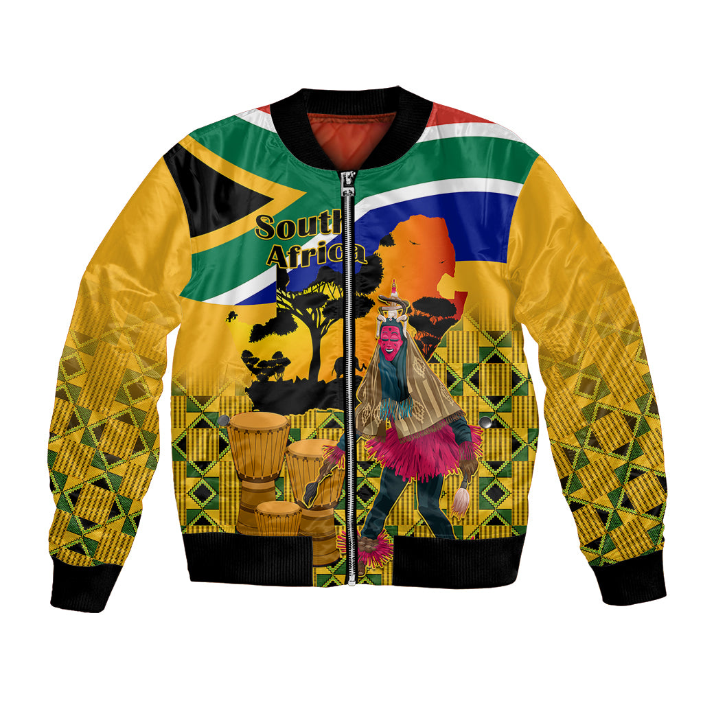 Yellow bomber jacket with zip front, South Africa flag and kente dancer print