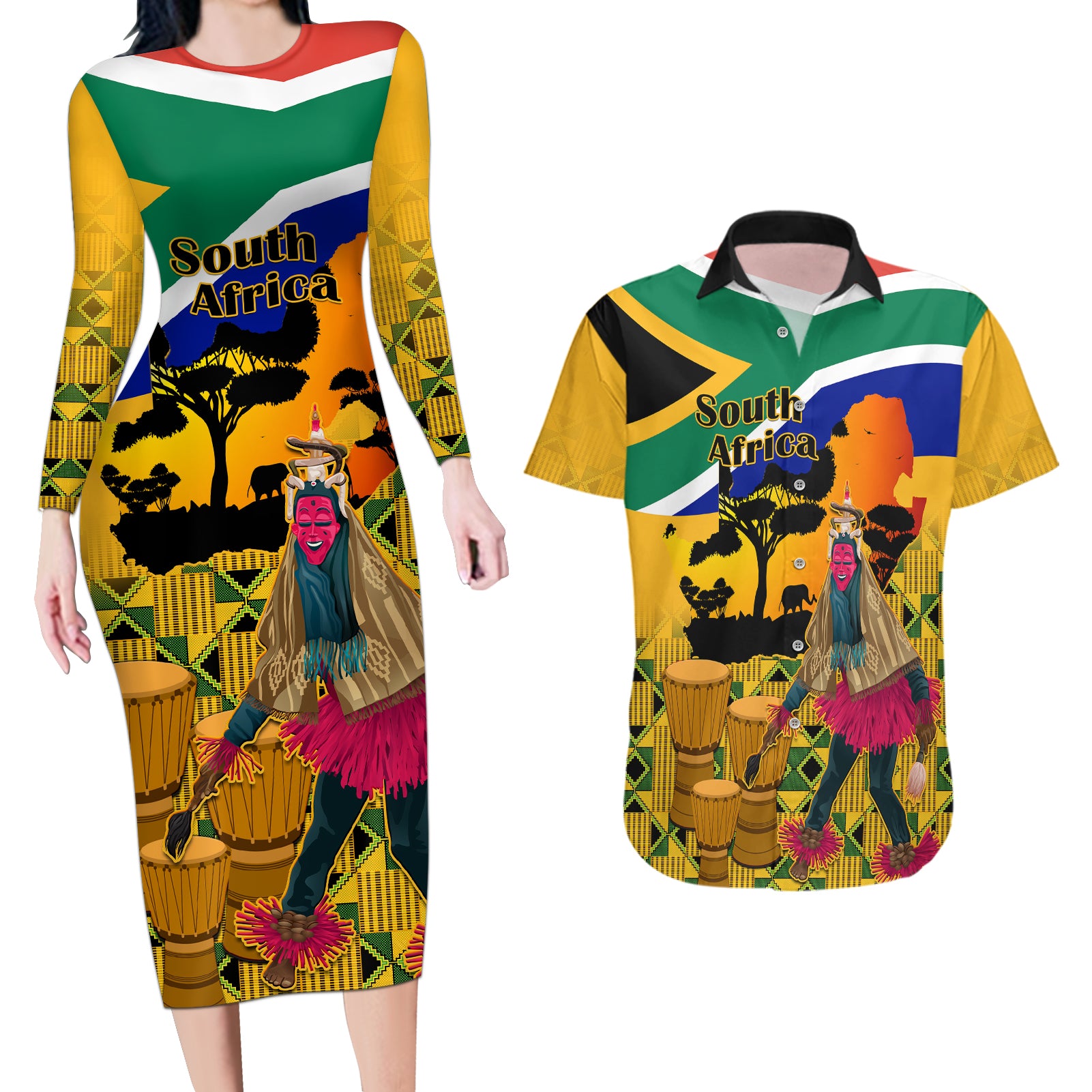 Personalised South Africa Heritage Day Couples Matching Long Sleeve Bodycon Dress and Hawaiian Shirt Traditional Dancer Kente Pattern With Flag Style - Wonder Print Shop