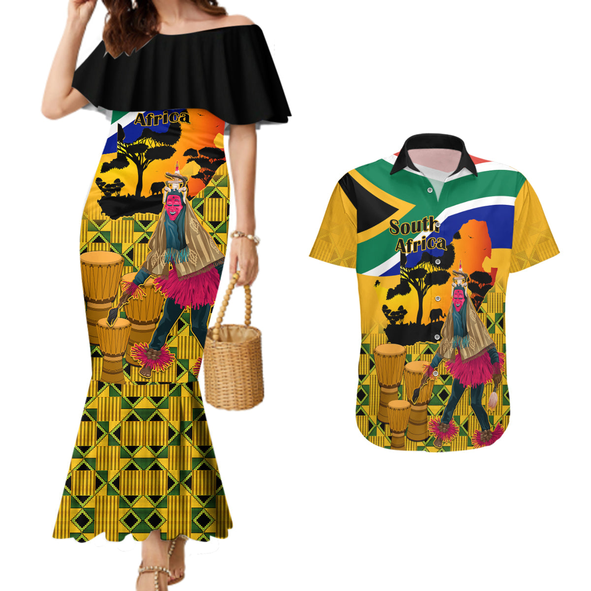 Personalised South Africa Heritage Day Couples Matching Mermaid Dress and Hawaiian Shirt Traditional Dancer Kente Pattern With Flag Style - Wonder Print Shop