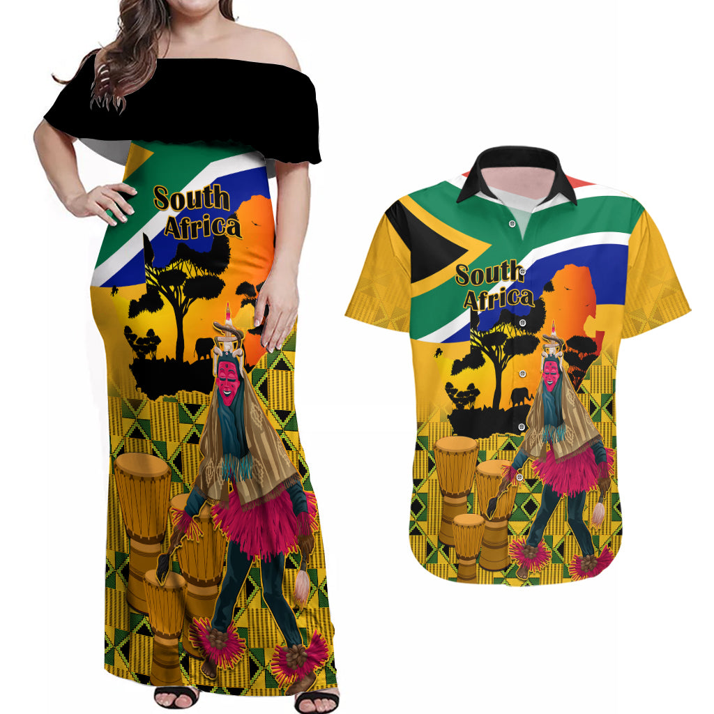 Personalised South Africa Heritage Day Couples Matching Off Shoulder Maxi Dress and Hawaiian Shirt Traditional Dancer Kente Pattern With Flag Style - Wonder Print Shop