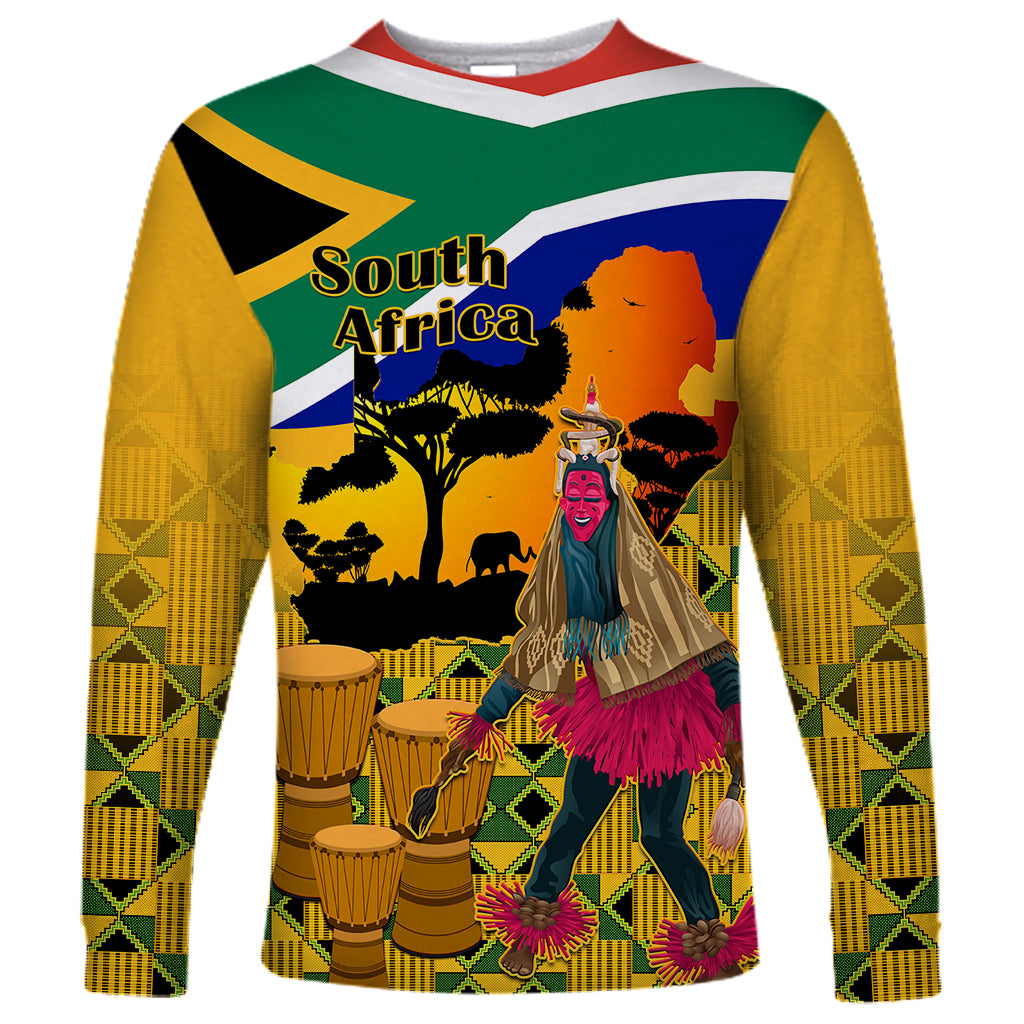 Yellow long-sleeve kente-style shirt with South Africa dancer graphic