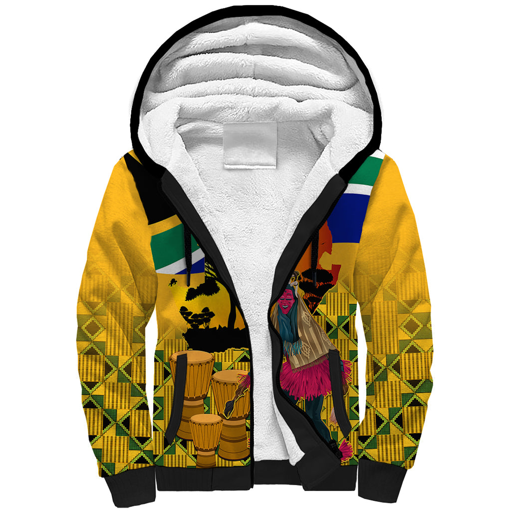 Personalised South Africa Heritage Day Sherpa Hoodie Traditional Dancer Kente Pattern With Flag Style - Wonder Print Shop