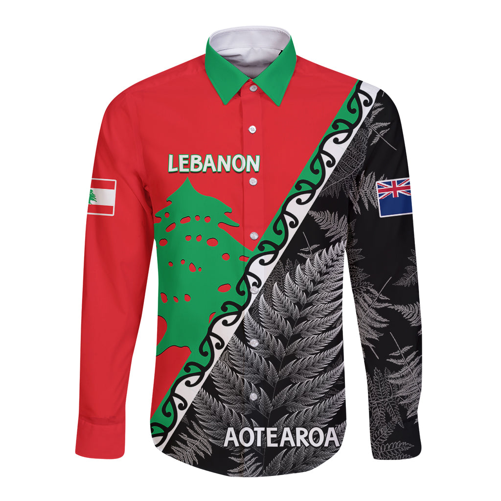 Red unisex long sleeve button shirt with green fern graphic and diagonal black print