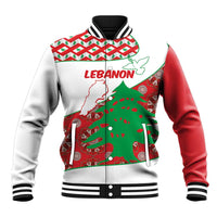 Red and white baseball jacket with black striped collar, front Lebanon map graphic