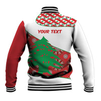 Baseball jacket with black striped collar and cuffs, back Your Text map graphic