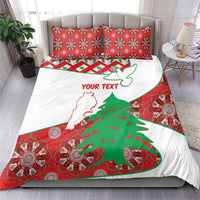 Personalised bedding set: red-and-white pillowcases with Lebanon map and green cedar graphic on duvet
