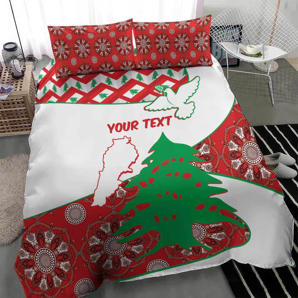 Personalised bedding set with two red patterned pillowcases and white duvet showing Lebanon map and cedar