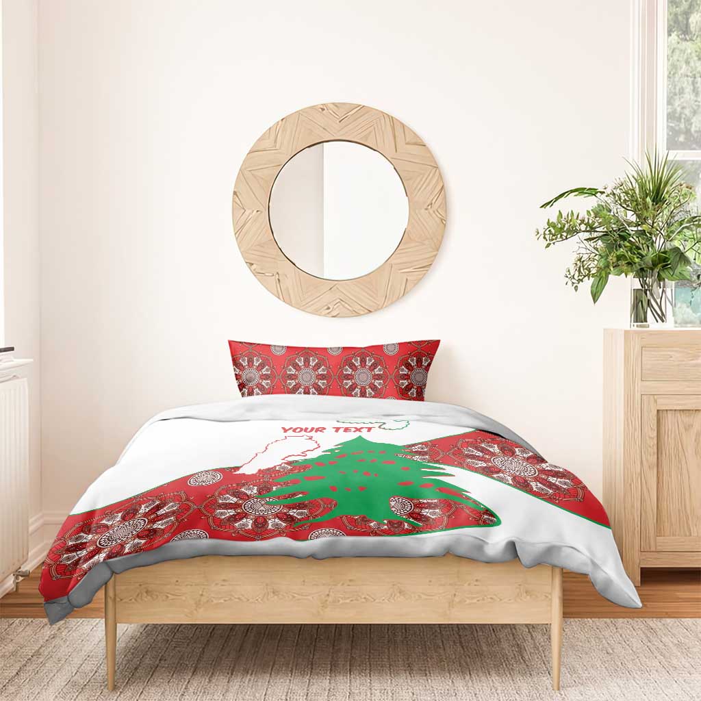 Personalised bedding set with white duvet and red patterned accents featuring Lebanon map and cedar tree