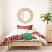 Personalised bedding set with white duvet and red patterned accents featuring Lebanon map and cedar tree