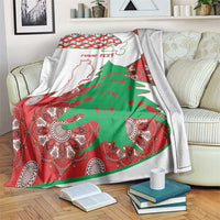 Folded Personalized Lebanon blanket with cedar and map design, red/green patterns, 'YOUR TEXT'