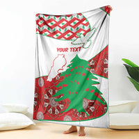 Personalized Lebanon blanket corner view with cedar and map, red/green motifs, 'YOUR TEXT'