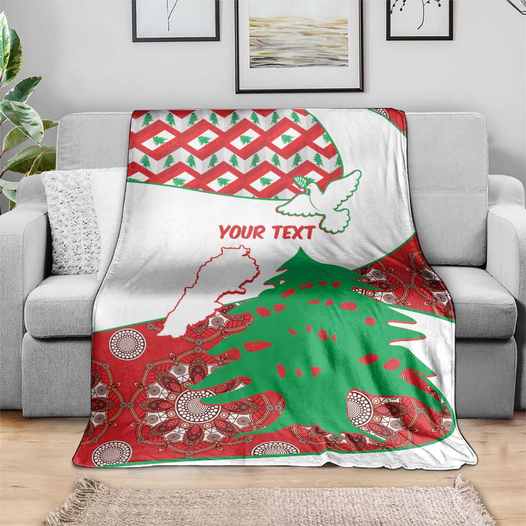 Personalized Lebanon blanket draped with cedar, Lebanese map, red/green patterns, 'YOUR TEXT'