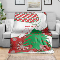 Personalized Lebanon blanket draped with cedar, Lebanese map, red/green patterns, 'YOUR TEXT'