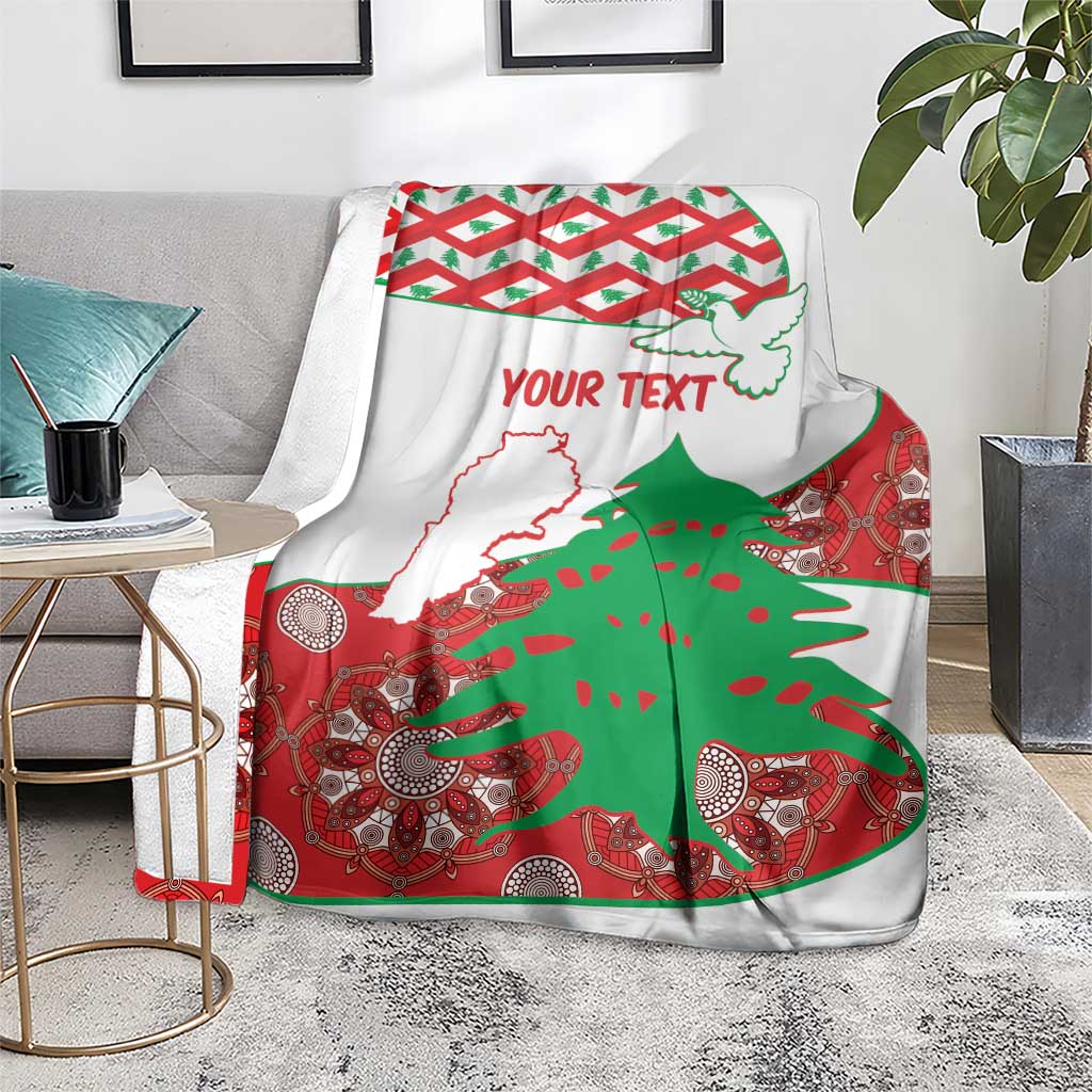 Personalized Lebanon blanket on couch with cedar and map, red/green patterned tree, 'YOUR TEXT'