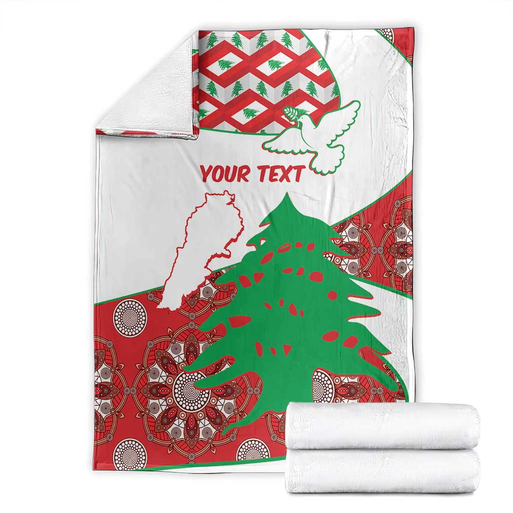 Personalized Lebanon blanket with cedar, map, red/green motifs, 'YOUR TEXT' plus towels