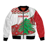 Red and white bomber jacket with black ribbed cuffs, front zipper, Lebanon map graphic