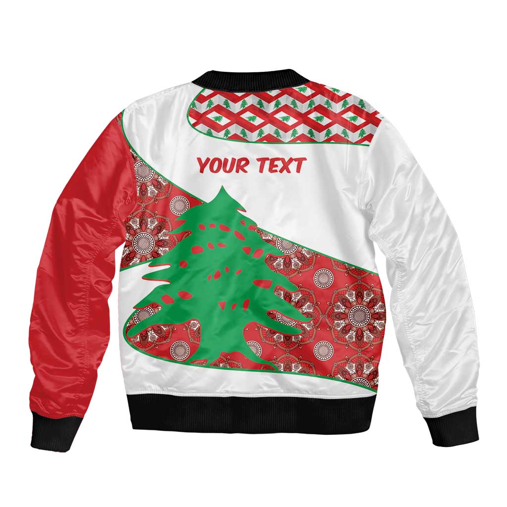 White bomber jacket with red sleeves, black ribbed hem, 'YOUR TEXT' over Lebanon map graphic