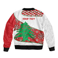 White bomber jacket with red sleeves, black ribbed hem, 'YOUR TEXT' over Lebanon map graphic