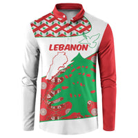 Button-up sweatshirt in white with red sleeves; Lebanon graphic with green cedar and map.