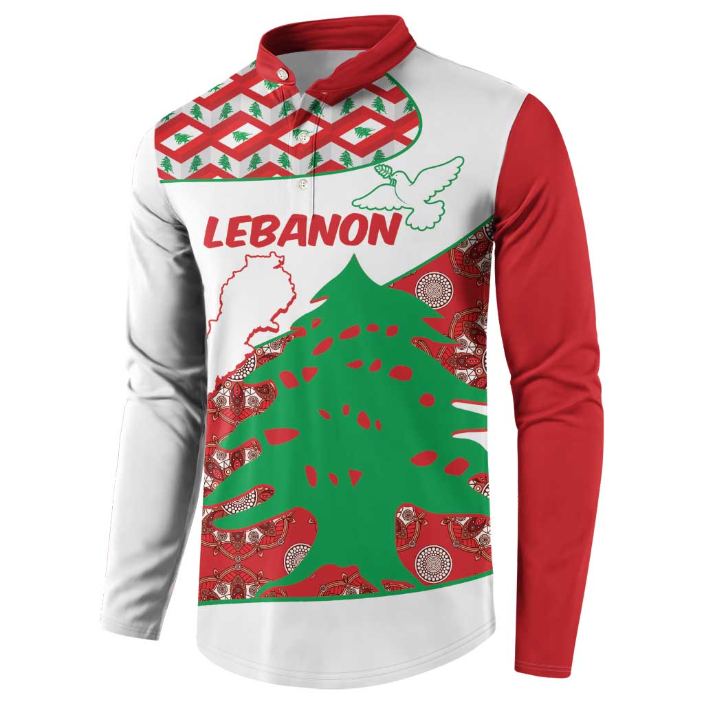 Button-up sweatshirt, side/front view; white body, red sleeves, Lebanon and cedar graphic.